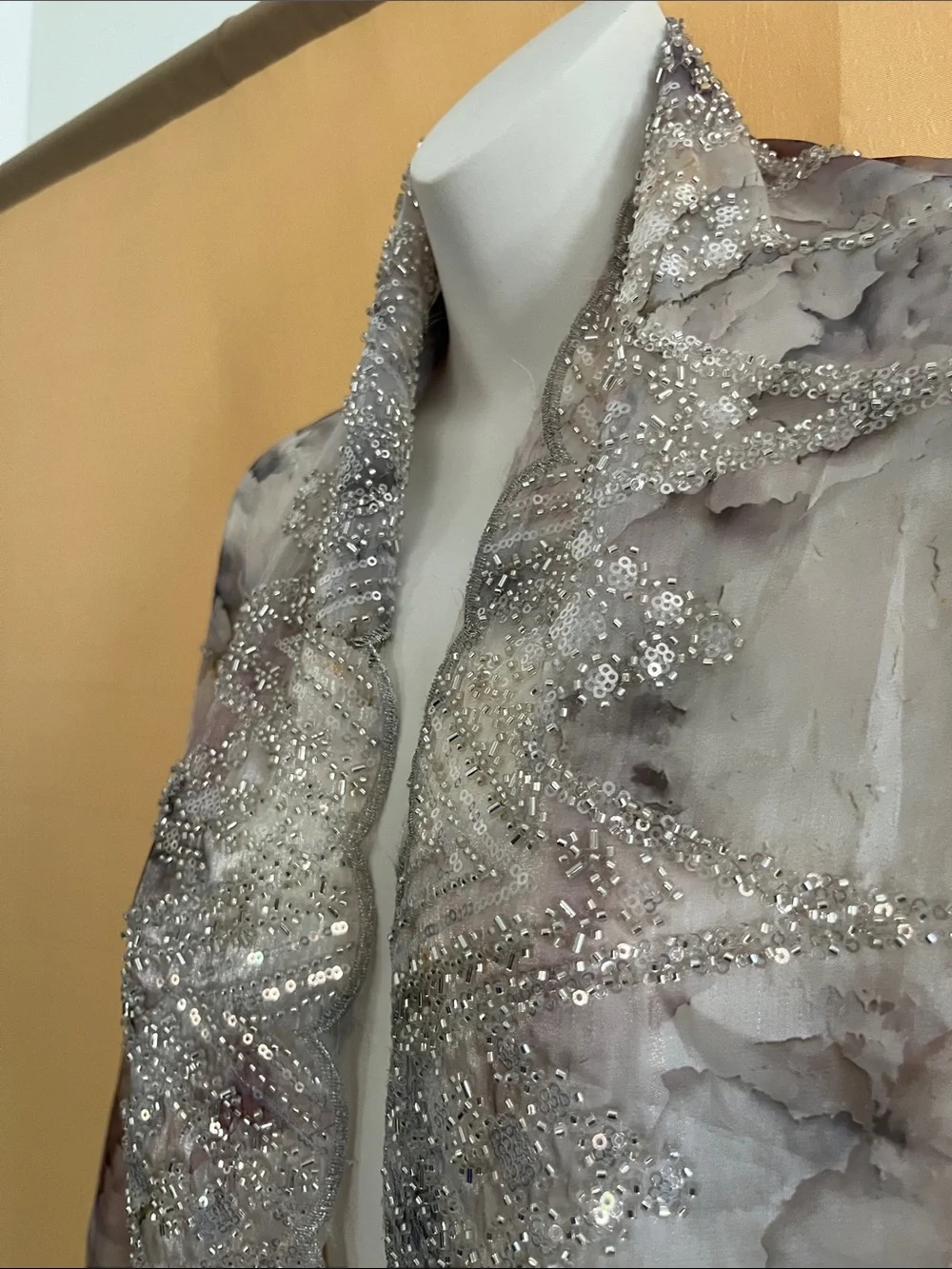 Unique Vintage Sheer Floral Scarf Wrap in Light Gray and Silver
